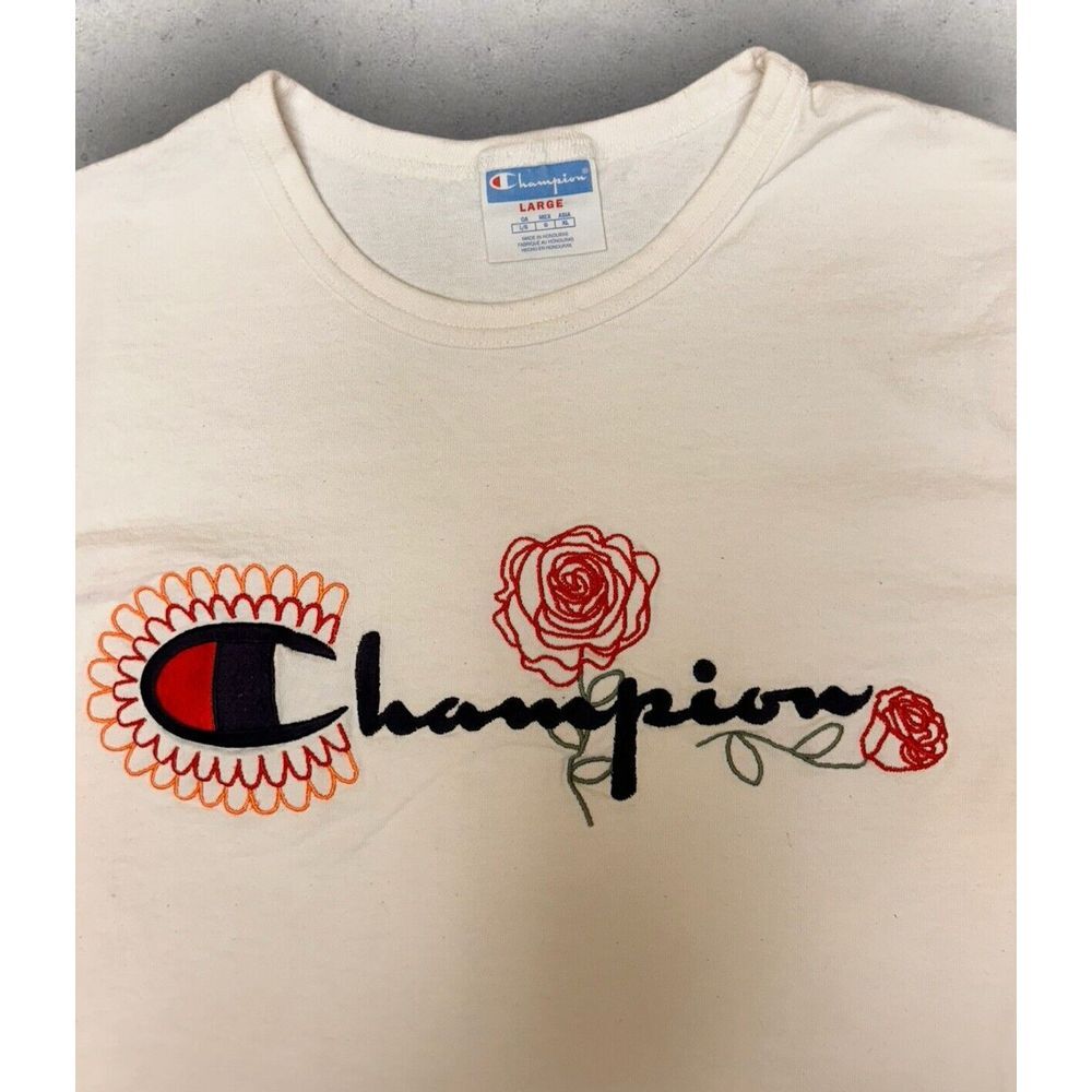 Champion Graphic‎ T-Shirt Size Large Floral Spellout Logo Sportswear Tee White